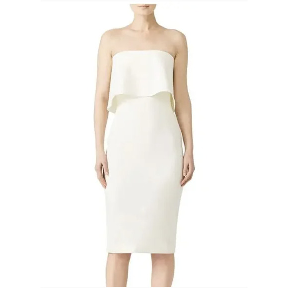 Likely Dress Women 4 White Strapless Ruffle Overlay Bodycon Sheath Midi Slit - Picture 1 of 13